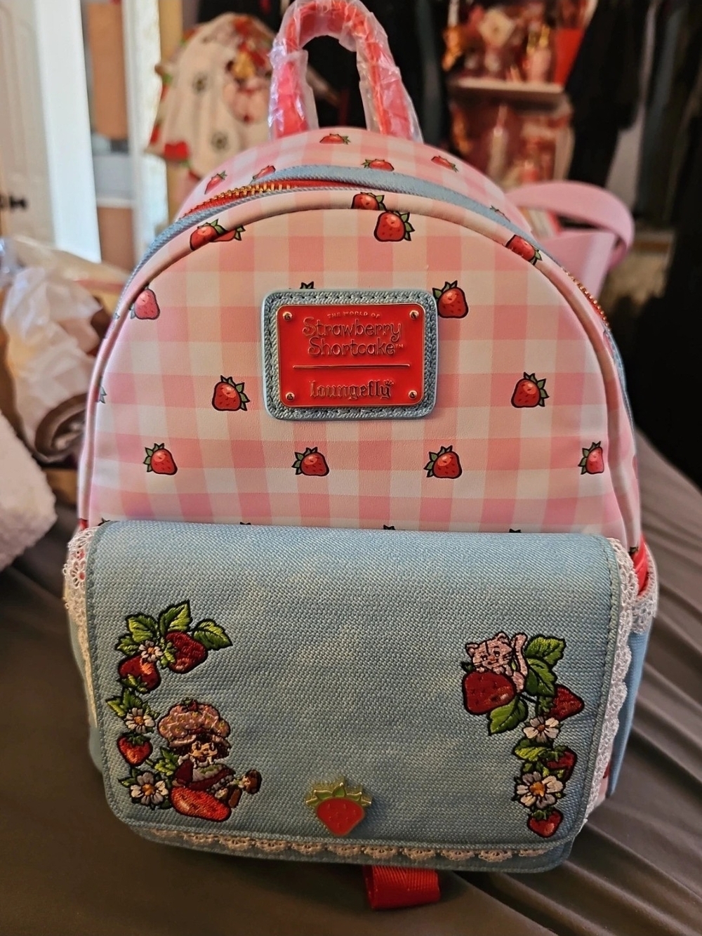 Loungefly Pink Gingham Strawberry Shortcake Mini Backpack with Denim Pocket